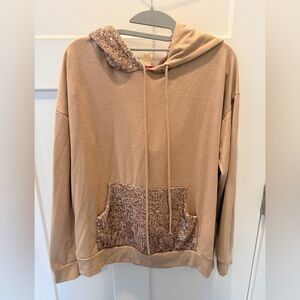 7th Ray Tan Sequin Hoodie Pullover | Sparkle Pocket & Hood | Medium